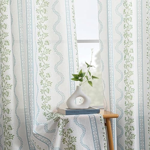Light Blue Green Floral Vintage Curtains, Cute Whimsical Shabby Chic Curtain for Living Room Bedroom, Block Print Pattern Linen Sheer French Country Cottage Core Curtains thumbnail 2