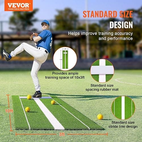 VEVOR 10x3ft Softball/Baseball Pitching Mat with Rubber Mound - Anti-Fade Turf & Anti-Slip Foam Backing, Portable Fastpitch Training Aid for Indoor/Outdoor Practice (Red/Green) thumbnail 2