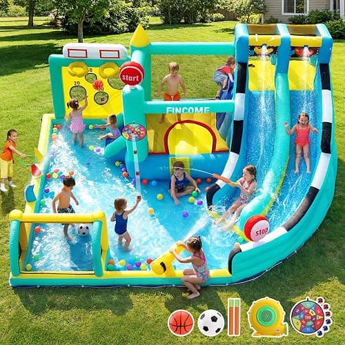 FINCOME Bounce House Double Slides for Kids 3-10, Large Bounce Castle with Air Blower 550W, Pool, Jumping, Climbing, Balls, Ring Toss, Inflatable Water Park for Birthday Party Holiday Outdoor Indoor thumbnail 8