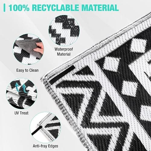 HAUSHOF 5'X8' Outdoor Rug Waterproof with LED Strip Light, Reversible Outdoor Plastic Straw Rug, Patio Rug with 4 Rug Stakes, Outdoor Carpet Mat for RV, Camping, Beach, Porch, Balcony, Black&White thumbnail 5