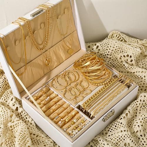 FAXHION 68 Pcs Gold Jewelry Set for Women with 7 Necklace, 17 Bracelet, 5 Hoop Earrings, 15 Stud Earrings, 24 Knuckle Rings for Women Jewelry Set for Women thumbnail 8