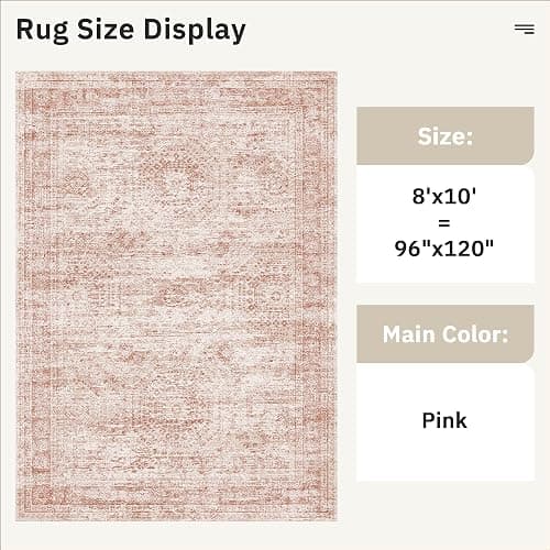 Soalmost Washable Area Rug 8x10, Large Soft Rugs for Living Room Vintage Area Rugs for Bedroom Dining Room Non-Slip Stain Resistant Pink Under Table Rug thumbnail 3