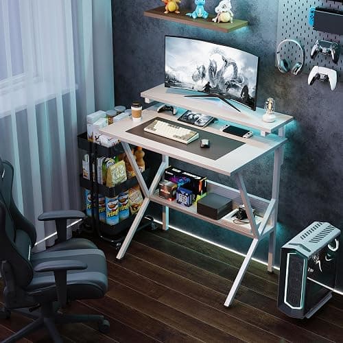 COTUBLR Small Desk, 27.5 Inch Small Computer Desk for Small Spaces, Computer Desk with Adjustable Monitor Stand, Compact Desk with Storage, Tiny Desk Study Desk for Bedroom Home Office, White thumbnail 4