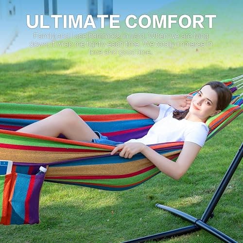 PNAEUT Double Hammocks with Stand for Outside, Portable Space Saving Heavy-Duty Steel Stand for Indoor Outdoor Patio, 450 lbs Capacity (Tropical) thumbnail 3