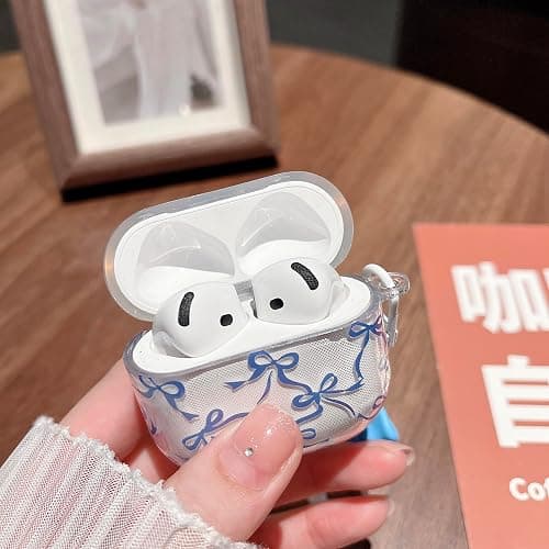 MINSCOSE for AirPods 4 Clear Case,Cute Ribbon Bow Pettern Design with Lovely Bow Pearl Keychain,Soft TPU Protective Shockproof Case for Girls Women for Airpods 4-Dark Blue thumbnail 5