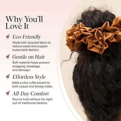 Kitsch Recycled Satin Ruffle Scrunchie – Gentle Hair Scrunchie for Women, Eco-Friendly Hair Tie No Damage, Stylish Ponytail Holder | Ideal Gifts for Women - Camel thumbnail 3