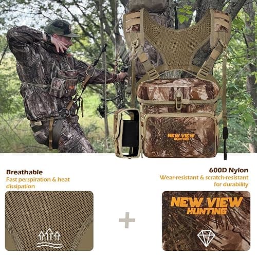 NEW VIEW CamoRanger Ripstop Binocular Harness Chest Pack - Hunting Bino Case, Detachable Rangefinder Pouch, Adjustable Binos Harness, Rain Cover - Tree Camo thumbnail 2
