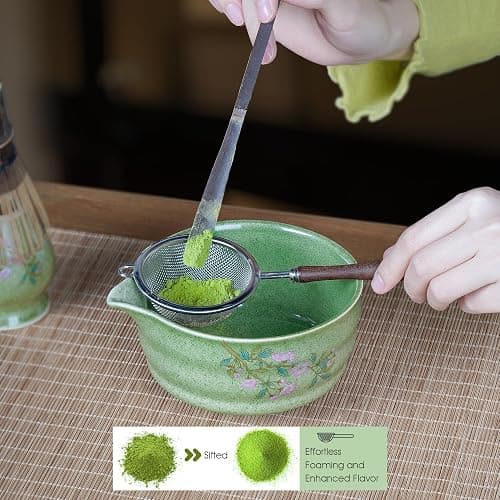 GleeNflux 7-Piece Matcha Set, Ceramic Matcha Bowl, Bamboo Whisk (Chasen), Whisk Holder, Sifter, Tea Scoop & Scoop Rest, Special Bamboo Tea Mat, Harmonious Color Matcha Making Kit, Green thumbnail 6
