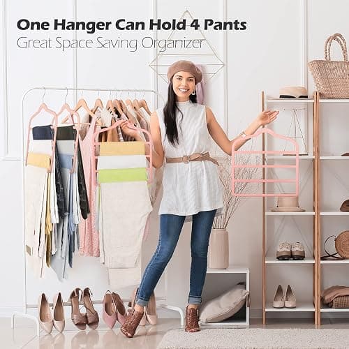 Velvet Pants Clothes Hanger Space Saving Non Slip Pants Shorts Hanger, Myfolrena Jeans Slack Trousers Hangers Multiple Velvet Hanger Closet Storage and Organization for Jeans,Scarf,Tie(Pink, 5) thumbnail 6