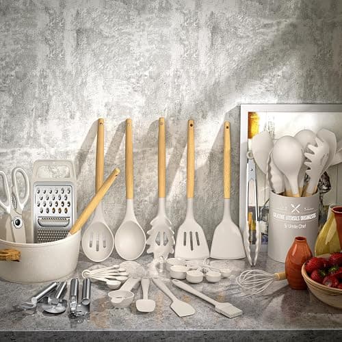 Umite Chef Silicone Kitchen Utensil Set, 34PCS Heat Resistant Kitchen Gadgets and Tools With Grater, Wood Handles for Nonstick Cookware thumbnail 2