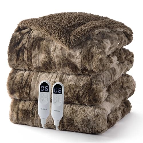 Bedsure Faux Fur Tie-Dye Heated Blanket Queen Size with Dual Control, Brown | Preheat Function,6 Heat/6 Timer Settings, 8H Auto Shut-Off, ETL/FCC, Soft Faux Fur Sherpa, Machine Washable, 84x90in - Image 1