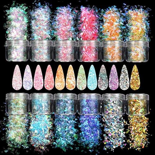 Allstarry 12 Colors Mermaid Nail Chunky Glitter Ultra-Thin Fluorescent Glass Paper Irregular Iridescent Sequin Flakes Glitters Sticker for Nails Art Decoration Hair Eyes Face Body DIY Craft - Image 1