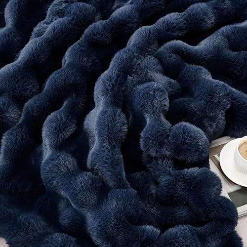 JONIYEAR Soft Fuzzy Bubble Faux Rabbit Fur Throw Blanket for Couch 50" x 60", Reversible Textured Fluffy Warm Thick Blanket for Winter,Luxury Cozy Puffy Shaggy Comfy Furry Blankets for Sofa, Navy Blue thumbnail 8