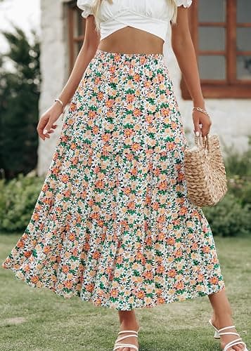 KIRUNDO Women's 2025 Fall High Waist Boho Floral Maxi Skirt Trendy Casual Flowy Swing Pleated A Line Beach Long Skirts thumbnail 3
