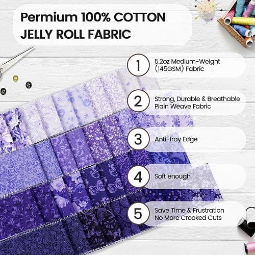 Craftido-18 Options-100% Cotton Jelly Roll Fabric Precut Strips for Quilting, Crafting, and Sewing, 40 Strips 2.5" x 44" Assorted Bundles for Rug, Quilt Project, DIY Craft and Home Decor-Royal Purple thumbnail 6