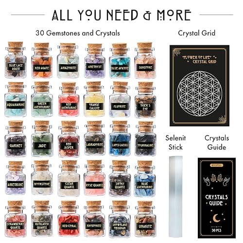 Healing Сrystals in Spell Jars 30 PCS - Real Witchcraft Crystals & Selenite Stick - Mini Gemstones for Altar - Spiritual Crystals & Stones Gifts - Wiccan Supplies & Tools thumbnail 2