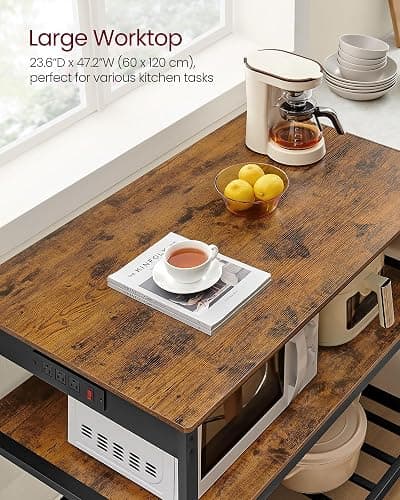 VASAGLE Kitchen Island with 3 Shelves, 47.2 Inches Width Kitchen Shelf with Power Strip, Large Worktop, Stable Steel Structure, Industrial, Easy to Assemble, Rustic Brown and Black UKKI101K01 thumbnail 6