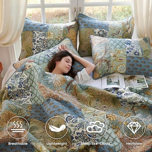 Secgo Twin Size Quilt Size - 100% Cotton Comforter Set Bedding Sets (68 * 86 Inch) with 2 Pillow Shams, Patchwork Reversible Lightweight Bedspread thumbnail 3