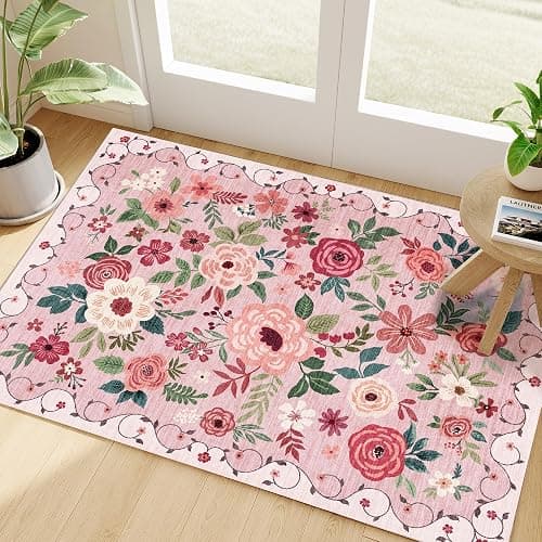 DUKINO 2x3 Rugs for Entryway, Floral Indoor Washable Door Mat, Non Slip Boho Small Rug for Kitchen, Soft Low Pile, Front Door Throw Rug for Entrance, Bedroom, Kitchen, Laundry, Bathroom, Pink - Image 1