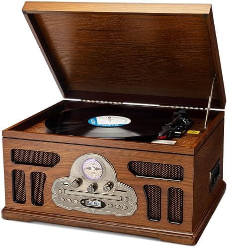 SoundBeast All-in-One Turntable with 3-Speed Record Player, Bluetooth, CD, Cassette Tape, AM/FM Radio, USB, Built-in Speakers, Handmade Wooden Exterior - Image 1