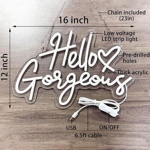 KUUNEON Hello Gorgeous Neon Signs for Wall Decor with Heart, Warm White Gorgeous LED Sign Lights for Bedroom Dorm Salon Wedding Party, 16"x12" Preppy Cute Room Decor Woman Cave - 100,000H Lifespan thumbnail 4