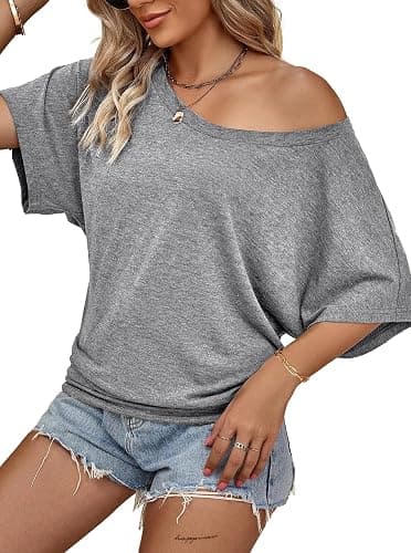 Hilinker Womens Sexy Off The Shoulder Tops Short Batwing Sleeve T Shirt Oversized Casual Tee thumbnail 5