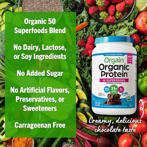 Orgain Organic Vegan Protein + 50 Superfoods Powder, Creamy Chocolate Fudge - 21g Plant Based Protein, 9g Prebiotic Fiber, No Lactose, Gluten Free, No Added Sugar, 2.02 lb (Packaging May Vary) thumbnail 5