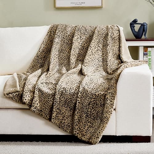 DREAMNINE Luxury Leopard Print Faux Rabbit Fur Blanket for Couch 50" x 60", Decorative Soft Cozy Fluffy Cheetah Microfiber Blankets,Warm Blanket for Winter, Animal Print Thick Fuzzy Lap Blankets, Tan thumbnail 2