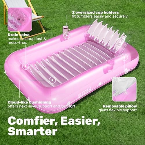 SLOOSH Inflatable Tanning Pool Lounger Float, 70" x 46" Pool Floats Adult with Pillow, 4 in 1 Suntan Tub Raft Floatie,Sunbathing Bed Lounge for Water Blow Up Kids Ball Pit Party Gifts, L-Pink White thumbnail 4
