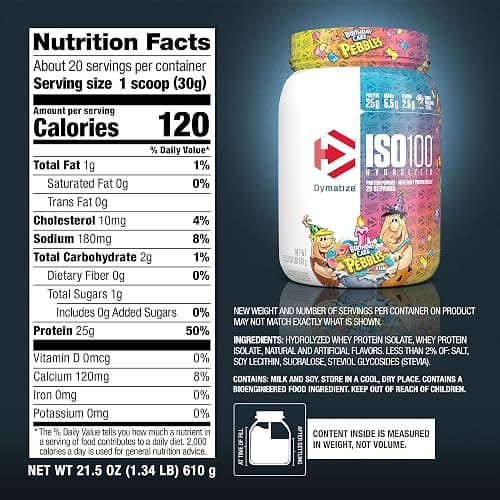 Dymatize x Birthday Cake Pebbles ISO100 Whey Protein Powder Isolate, 25g of Protein, 20 Servings, 5.5g BCAAs, 120 Cal., Gluten Free, 1g Fat, 1g Sugar, 2g Carb thumbnail 5