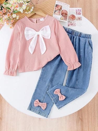 Axumity Kid Girl 2pcs Clothes Spring Summer Outfits Cute Sweet Bowknot Long Sleeve Bowknot Top + Denim Pants Set thumbnail 4