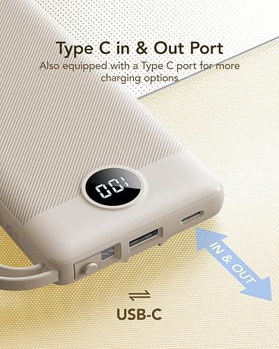 VRURC Portable Charger Power Bank,10000mAh Travel Essentials Battery Pack, 5 Outputs 2 Inputs Slim USB C Charging Bank Built-in Cables Cords for iPhone 17 16 15 13,Samsung,Android-Light Coffee(1 Pack) thumbnail 5