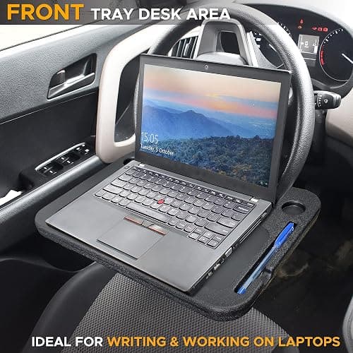 EcoNour 2 in 1 Car Steering Wheel Desk | Tray for Laptop Car Mount with Pen Holder | Desk Console for Car | Food Tray for Eating with Drinks Holder | Multipurpose Travel Car Accessories thumbnail 3