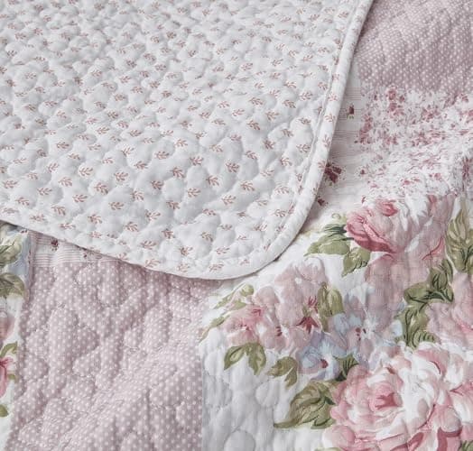 Chezmoi Collection Rosy 3-Piece Printed Patchwork Cotton Quilt Set, Full Size - Pink Flower Floral Striped Polka Dots - Stone Washed Lightweight Bedspread thumbnail 7