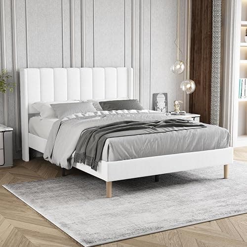 Zoophyter Full Size Bed Frame with Linen Upholstered Headboard, White | Linen Platform Bed, Heavy Duty Wooden Slats Support, 7.48" Under-Bed Storage, No Box Spring Needed, Easy Assembly - Image 1