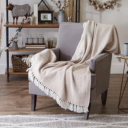 DII Herringbone Striped Collection Cotton Throw Blanket, 50x60, Stone thumbnail 6