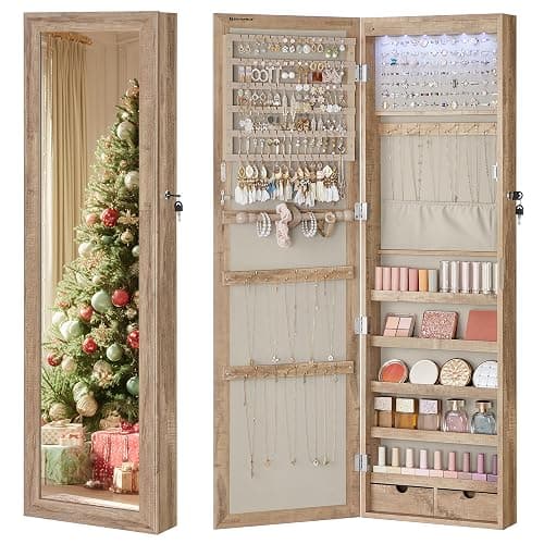 SONGMICS 6 LEDs Mirror Jewelry Cabinet, 47.2-Inch Tall Lockable Wall or Door Mounted Jewelry Armoire Organizer with Mirror, 2 Drawers, Christmas Gift, 3.9 x 14.6 x 47.2 Inches, Toasted Oak Color - Image 1