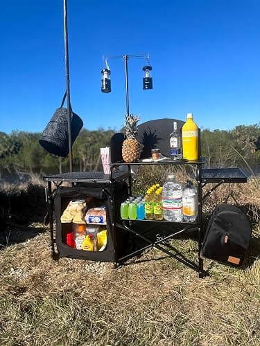 Nice C Camping Kitchen Station, Camping Table, Picnic Table, Portable Grill Table, Folding Cook Table, Upgrade Light Stand and Windshield Station & Organizers, Carry Bag for Beach, Picnic (Black) thumbnail 2