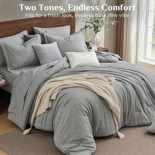 JOLLYVOGUE Grey Queen Comforter Set, Cationic Dyeing Bed in a Bag Queen 7 Pieces, Double-Tone Bedding Set with Down Alternative Comforter, Sheets, Pillowcases & Shams thumbnail 4