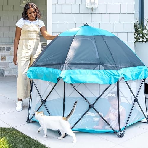 Regalo Safety My Play Deluxe Extra Large Baby Playpen & Portable Play Yard with Canopy, Foldable 8-Panel Indoor Outdoor Playpen for Babies & Toddlers, Mesh Sides, Washable Nylon Bottom, 62", Aqua thumbnail 2