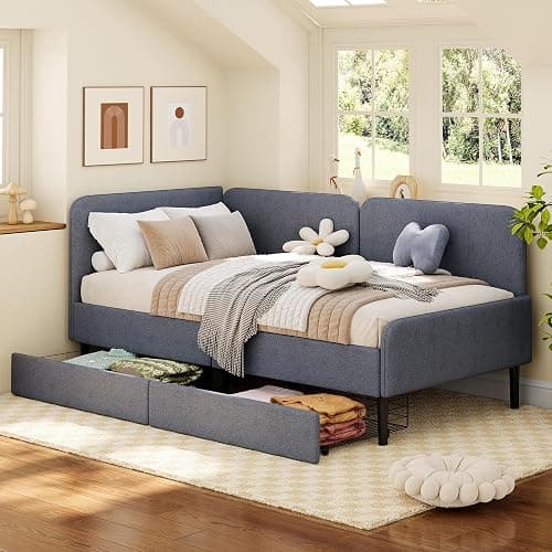 Ailisite Twin Size Corner Bed Frame with 2 Storage Drawers, Twin Size Daybed with Extended Headboard, Upholstered 2-in-One Multifuntion Bed Frame with Guardrails,Modern Bed Frame,Light Grey thumbnail 7