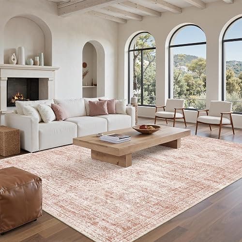 Soalmost Washable Area Rug 8x10, Large Soft Rugs for Living Room Vintage Area Rugs for Bedroom Dining Room Non-Slip Stain Resistant Pink Under Table Rug - Image 1