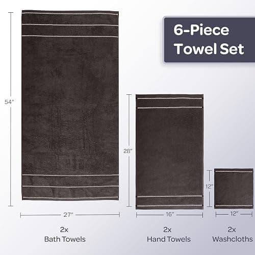 Lavish Home 6 Piece Bathroom Towels Set - 525GSM 100% Cotton Bathroom Essentials - 2 Bath Sheets, 2 Hand Towels, and 2 Wash Cloths for Bath, Shower, Gym, Spa, and Dorm Room (Charcoal) thumbnail 3