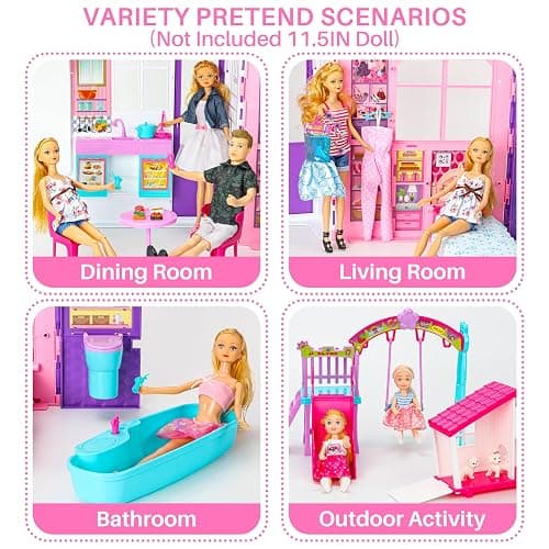 Style Shine Doll House Portable & Foldable Dollhouse w/ 60+ Pcs & 2 Dolls, Play House Toy with Bedroom Bathroom Kitchen Furniture Playset, Playhouse Gift for Girl Kid Toddler thumbnail 4