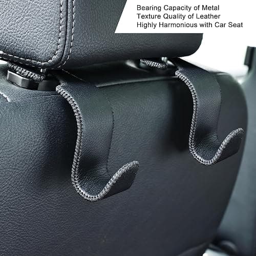 Amooca Car Seat Headrest Hook Universal Vehicle Storage Hanger Leather with Metal Car Seat Back Organizer for Handbag Purse Coat Black 2 Pack thumbnail 3