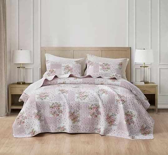 Chezmoi Collection Rosy 3-Piece Printed Patchwork Cotton Quilt Set, Full Size - Pink Flower Floral Striped Polka Dots - Stone Washed Lightweight Bedspread thumbnail 2