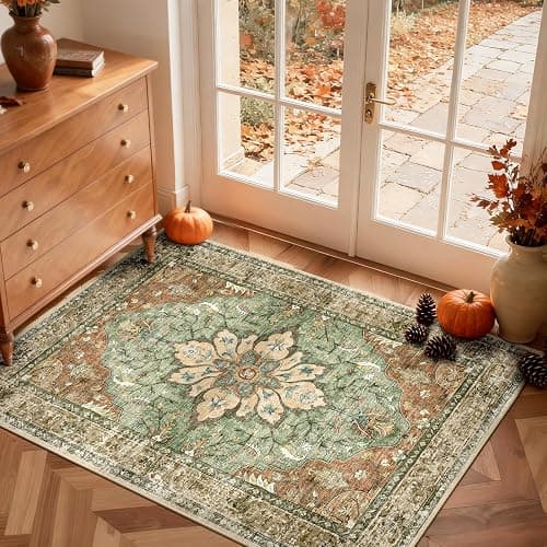 RELEANY Area Rugs 3'x5' Washable Non-Slip, Floral Vintage Distress Print Pattern Medallion Carpet for Living Room Bedroom Dining Room, Brick Red Rust Neutral Brown Burnt Orange Green thumbnail 4