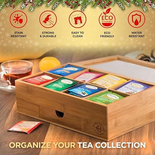 Tea Bag Organizer - Christmas Gift Bamboo Tea Box Organizer Storage Box, Tea Bag Holder with Drawer & Acrylic Window, Magnetic Lid Keeps Tea Bags Fresh - Tea Organizer Caddy (Tea Not Included) thumbnail 5