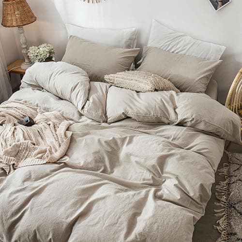MooMee Bedding Duvet Cover Set 100% Washed Cotton Linen Like Textured Breathable Durable Soft Comfy (Heathered Tannish Linen Grey, Queen 90"x90") - Heathered Tannish Linen Grey (No Comforter) - Queen (90"x90") thumbnail 4