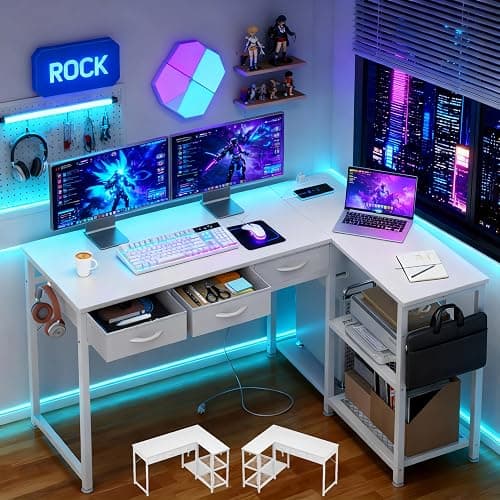 Gizoon 53 Inch White L Shaped Gaming Desk with CPU Stand & Power Outlet - Reversible Corner Desk with Drawers, Storage Shelves and 2 Hooks for Gaming Setup, Home Office, Living Room - Image 1